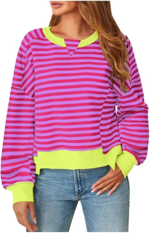 Oversized Sweatshirt for Women Striped Color Block Cropped Sweatshirts Crewneck Long Sleeve Sweater Y2K Shirt Tops