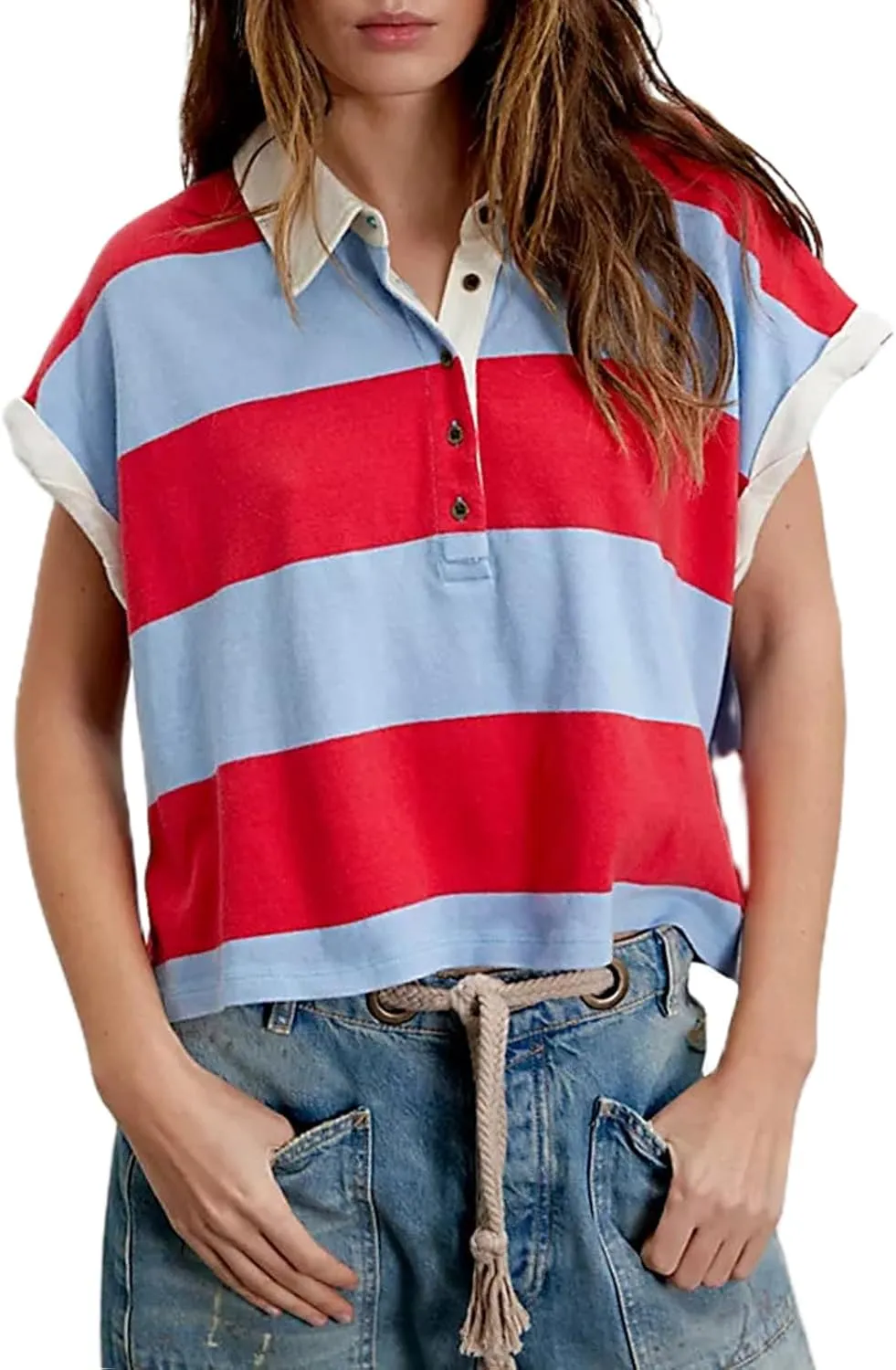 Oversized Tshirts for Women Striped Tee Shirts Y2K Short Sleeve Aesthetic Baggy T-Shirts Summer Tees