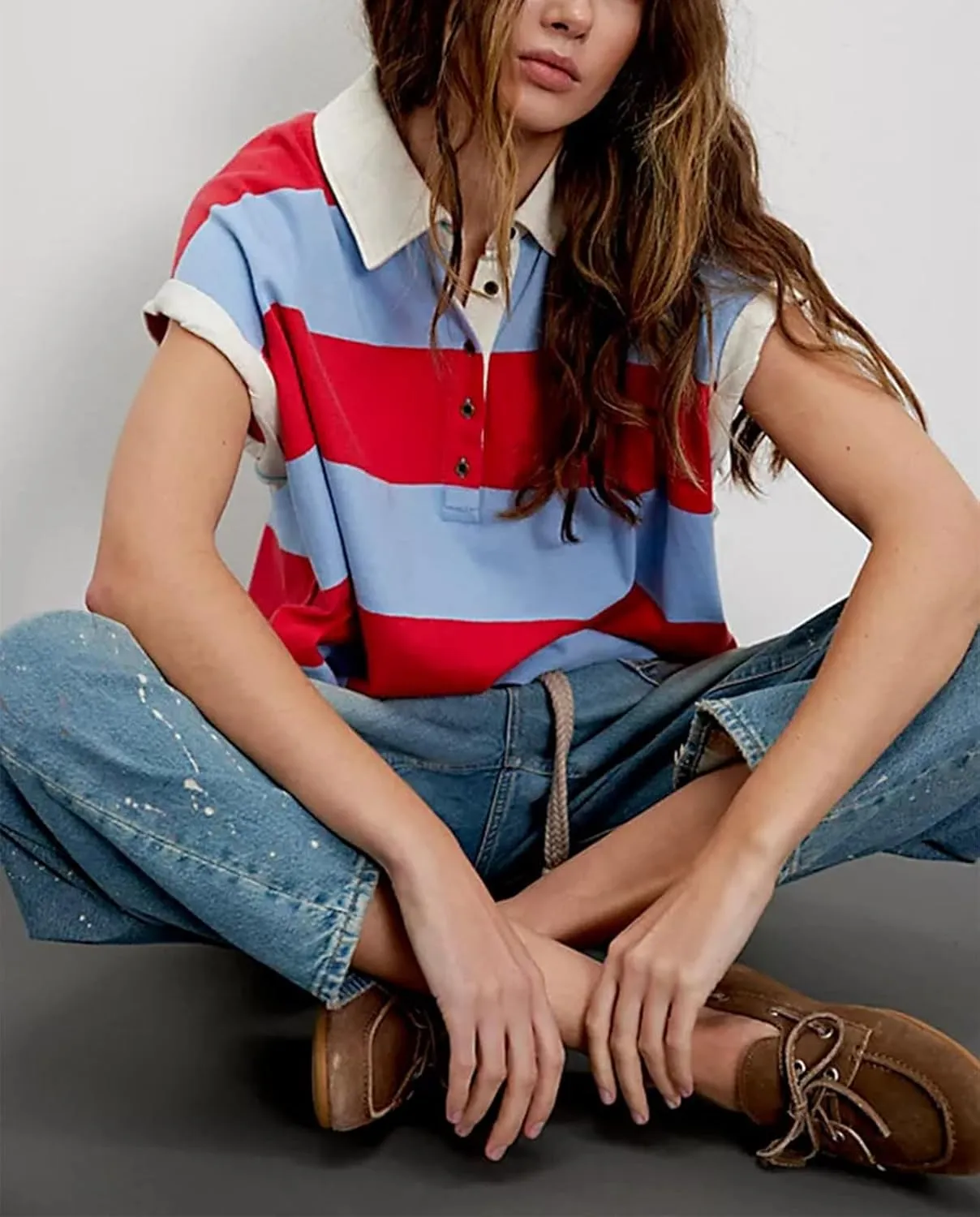 Oversized Tshirts for Women Striped Tee Shirts Y2K Short Sleeve Aesthetic Baggy T-Shirts Summer Tees