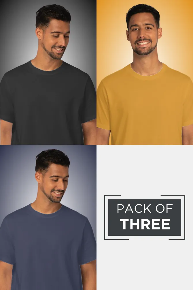Pack Of 3 Plain T-shirts Navy Blue Mustard Yellow and Black for Men