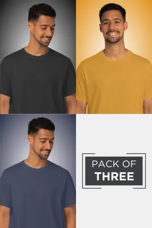 Pack Of 3 Plain T-shirts Navy Blue Mustard Yellow and Black for Men