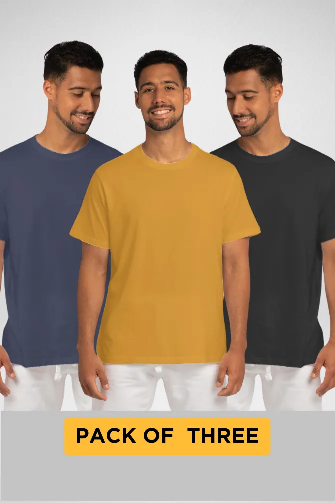 Pack Of 3 Plain T-shirts Navy Blue Mustard Yellow and Black for Men
