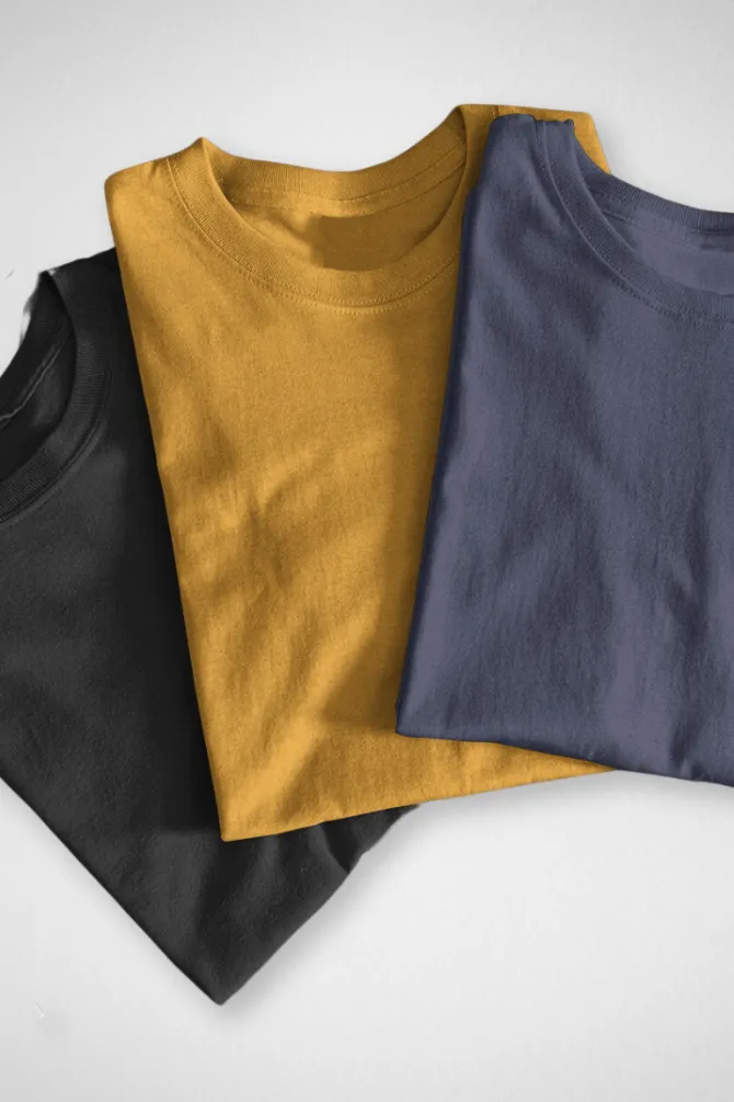 Pack Of 3 Plain T-shirts Navy Blue Mustard Yellow and Black for Men