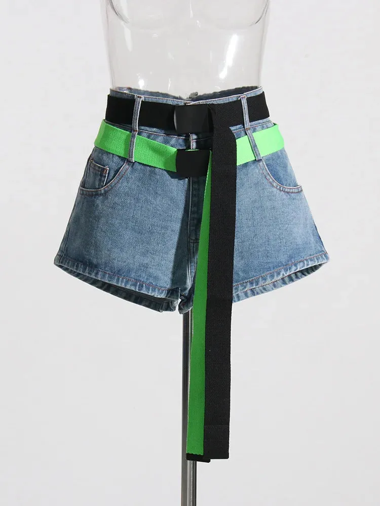 Paola Colorblock Double Belted Denim Shorts
