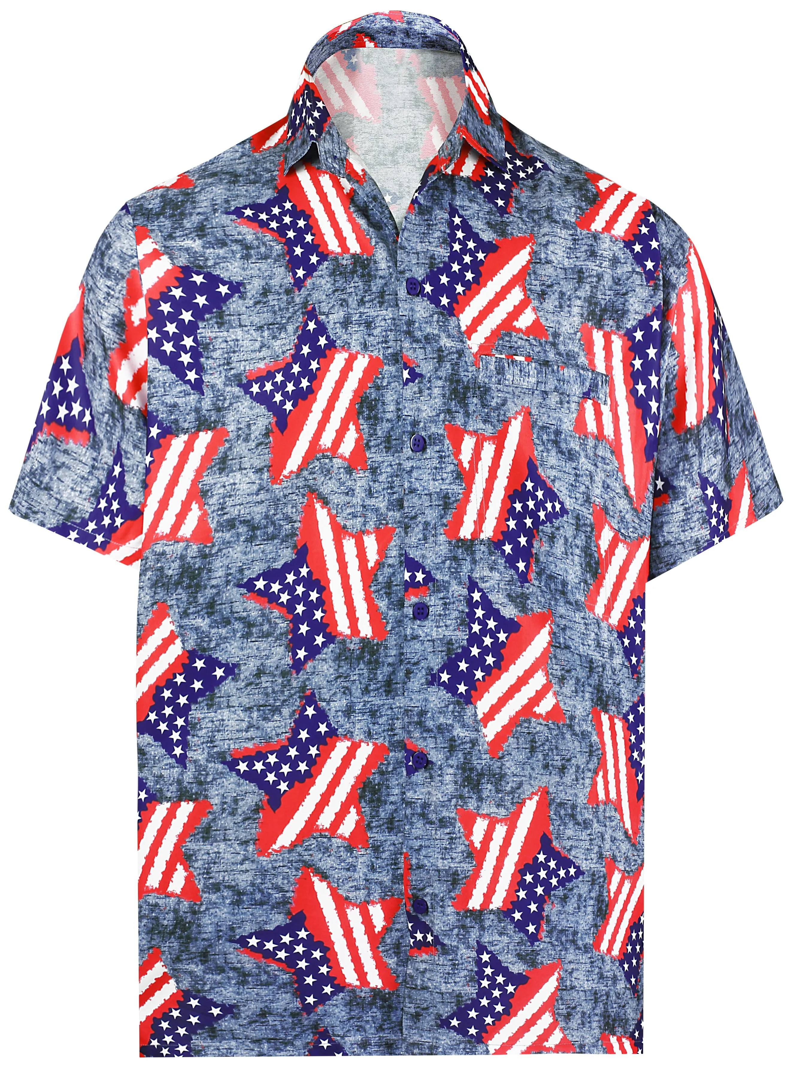 Patriotic American Flag Stars Printed Hawaiian Beach Shirt For Men