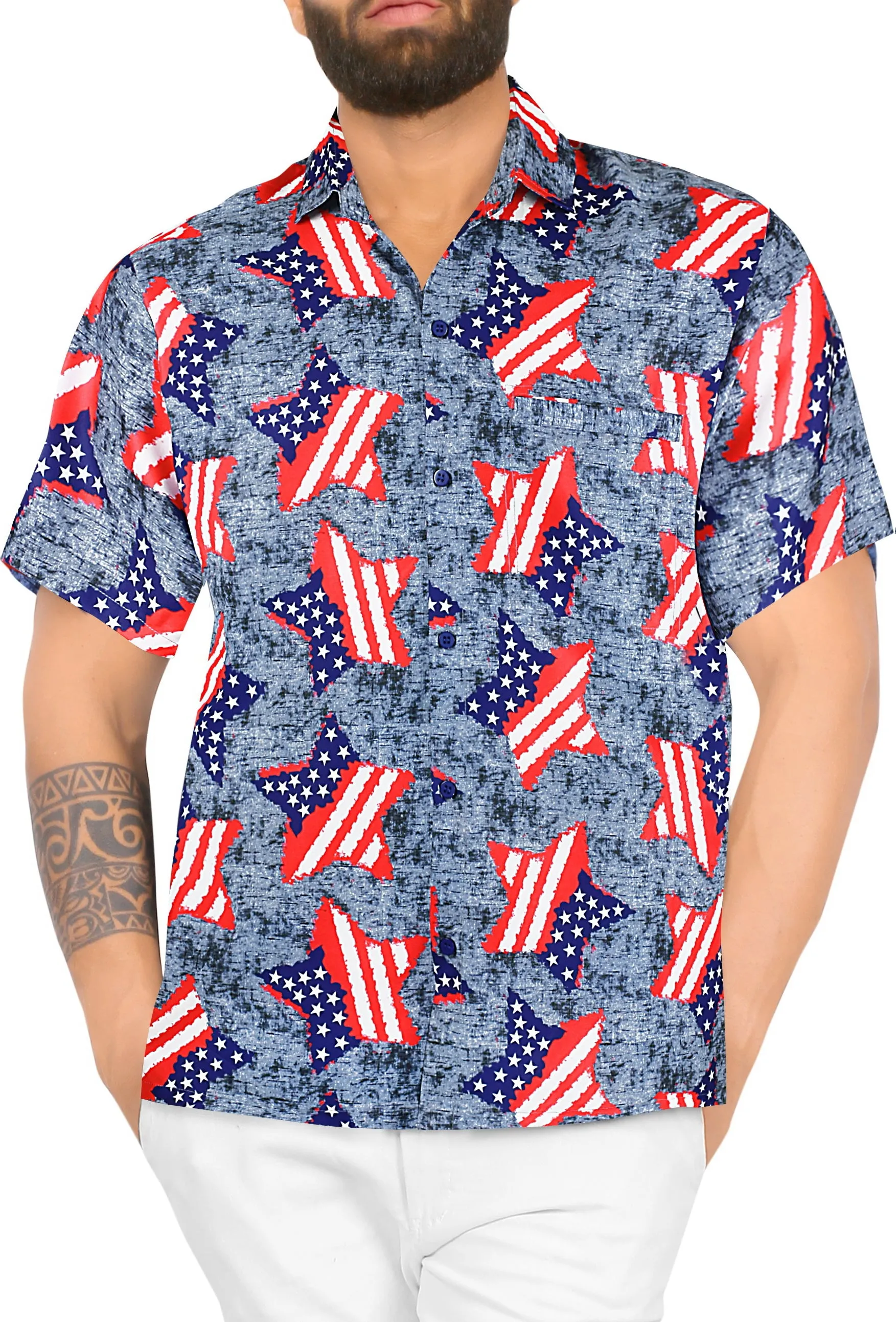 Patriotic American Flag Stars Printed Hawaiian Beach Shirt For Men