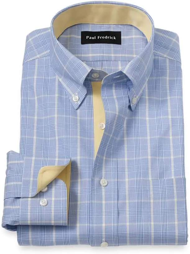 Paul Fredrick Men's Slim Fit Comfort Stretch Non-Iron Glen Plaid Dress Shirt