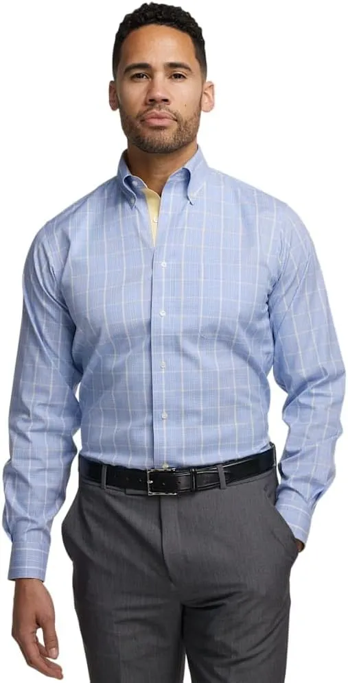 Paul Fredrick Men's Slim Fit Comfort Stretch Non-Iron Glen Plaid Dress Shirt