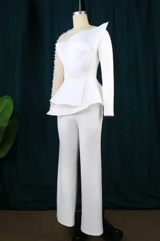 Pearl Encrusted Sleeve Pleated Jumpsuit