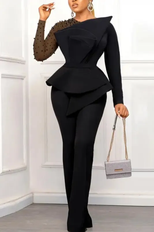 Pearl Encrusted Sleeve Pleated Jumpsuit