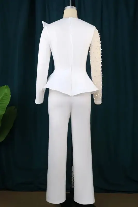 Pearl Encrusted Sleeve Pleated Jumpsuit