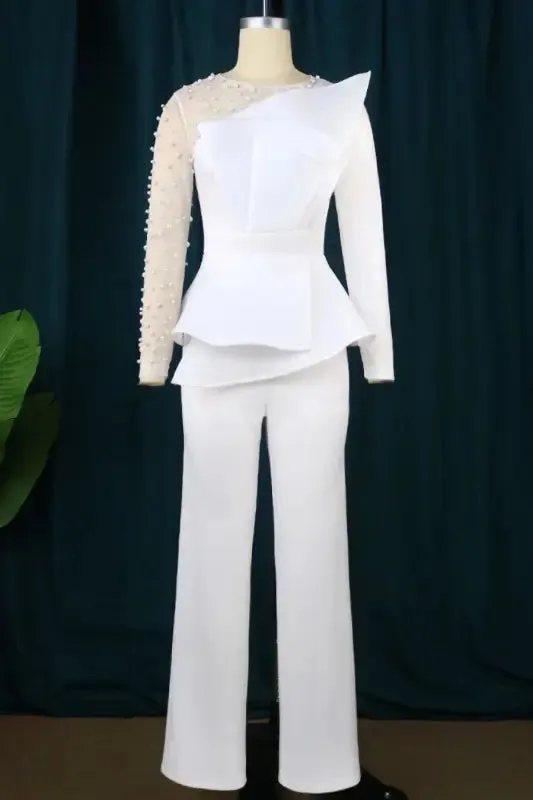 Pearl Encrusted Sleeve Pleated Jumpsuit
