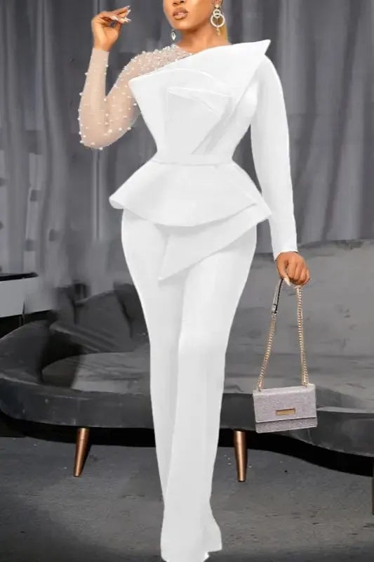 Pearl Encrusted Sleeve Pleated Jumpsuit