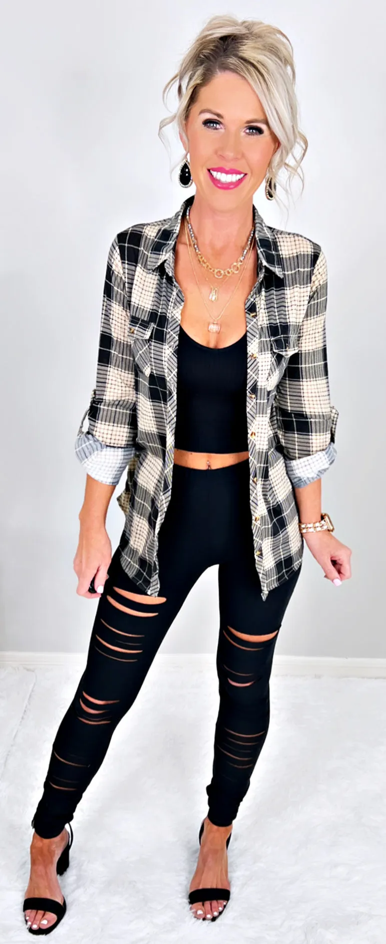 Penny Plaid Flannel Top - Black/Taupe