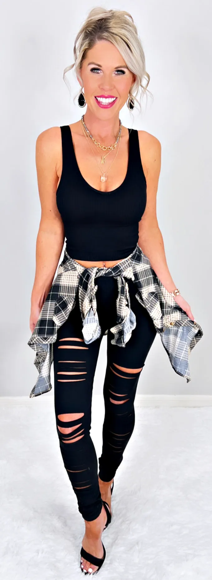 Penny Plaid Flannel Top - Black/Taupe