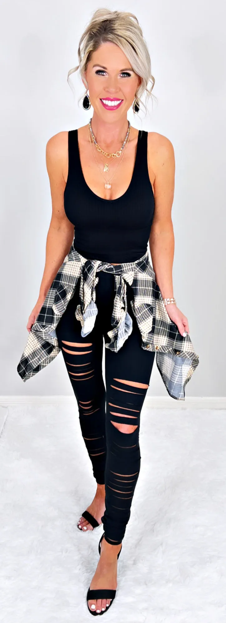 Penny Plaid Flannel Top - Black/Taupe