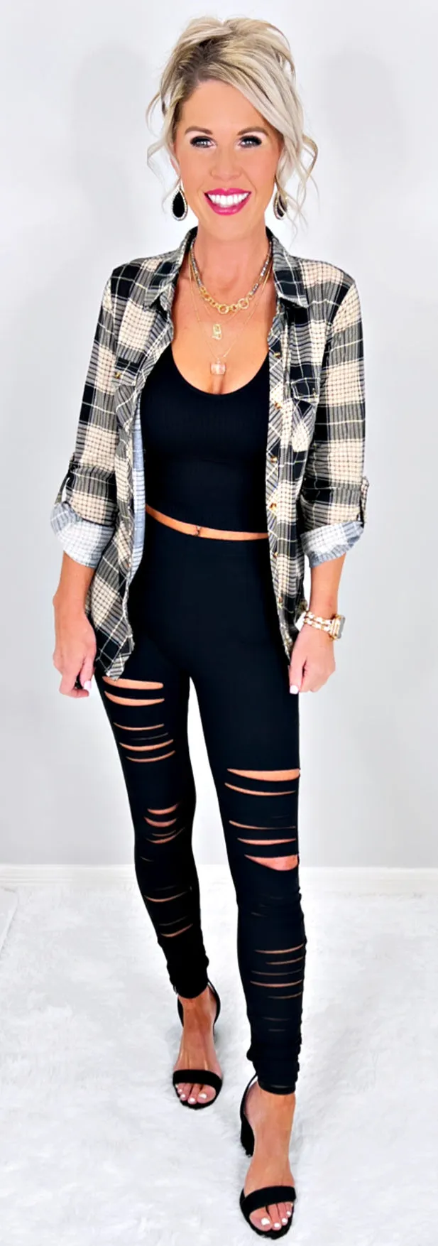 Penny Plaid Flannel Top - Black/Taupe