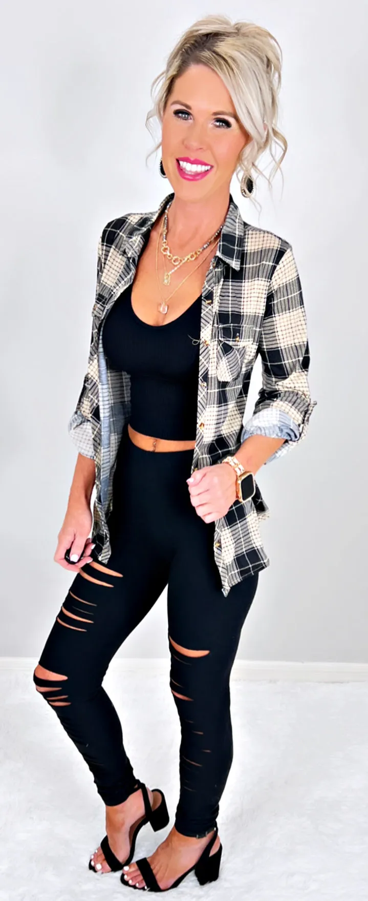 Penny Plaid Flannel Top - Black/Taupe