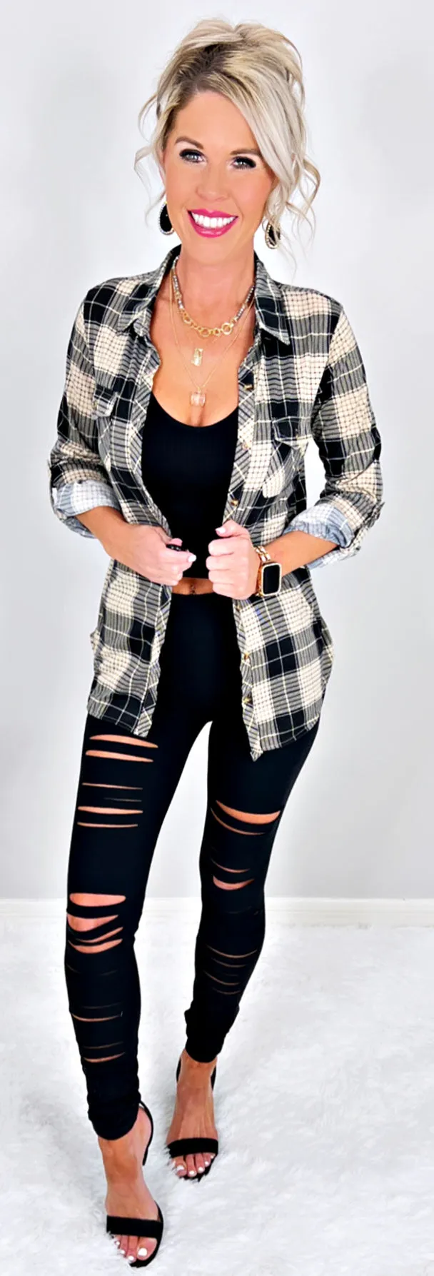 Penny Plaid Flannel Top - Black/Taupe
