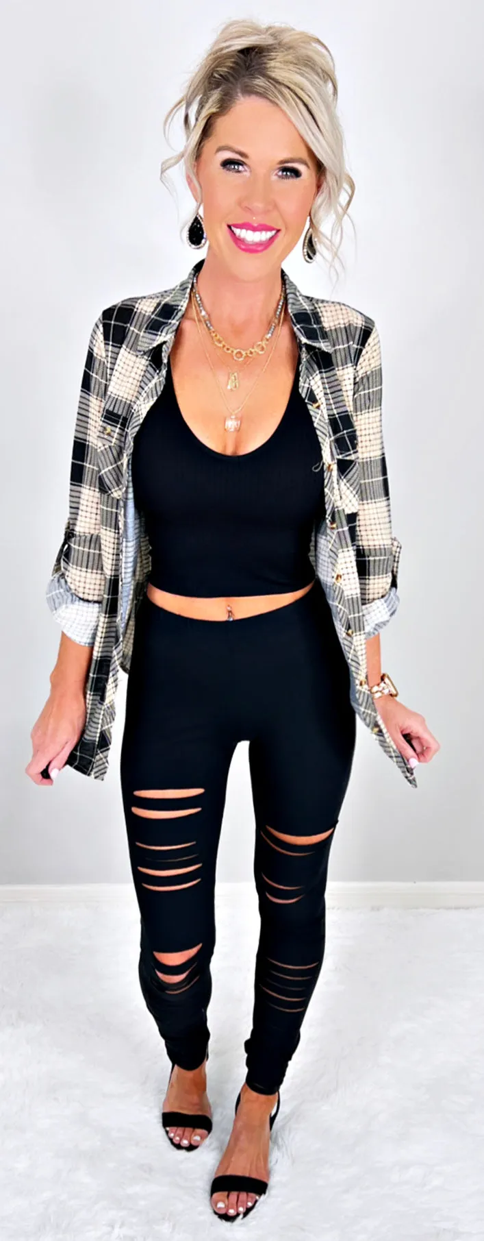 Penny Plaid Flannel Top - Black/Taupe
