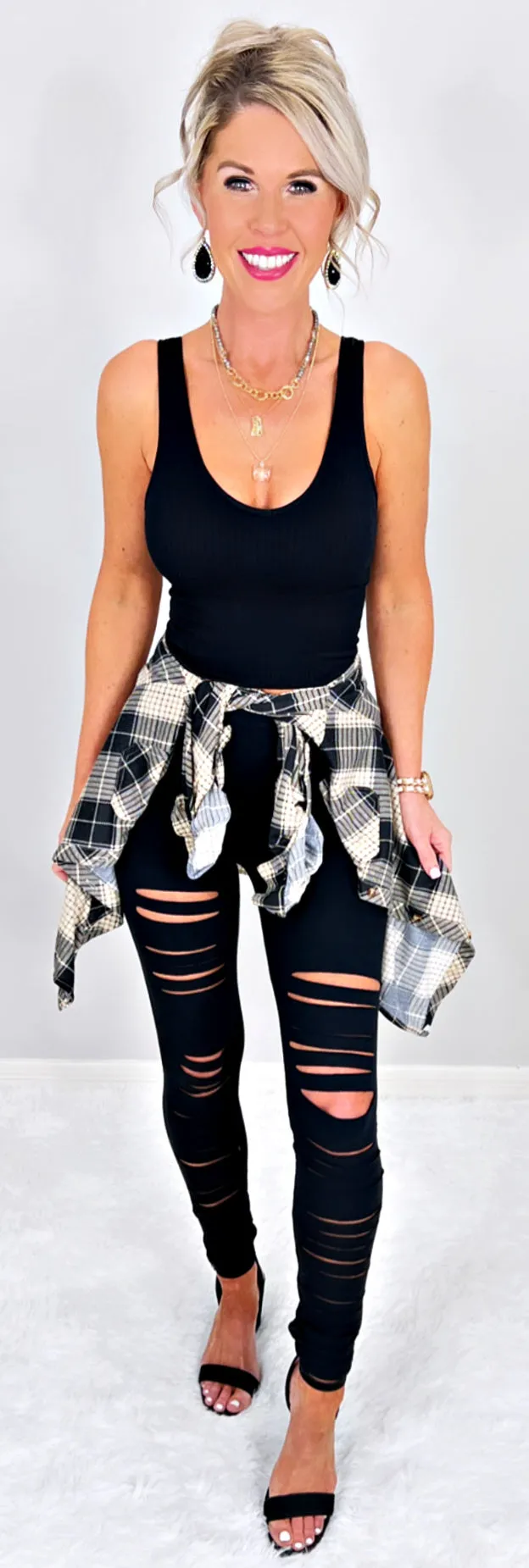 Penny Plaid Flannel Top - Black/Taupe
