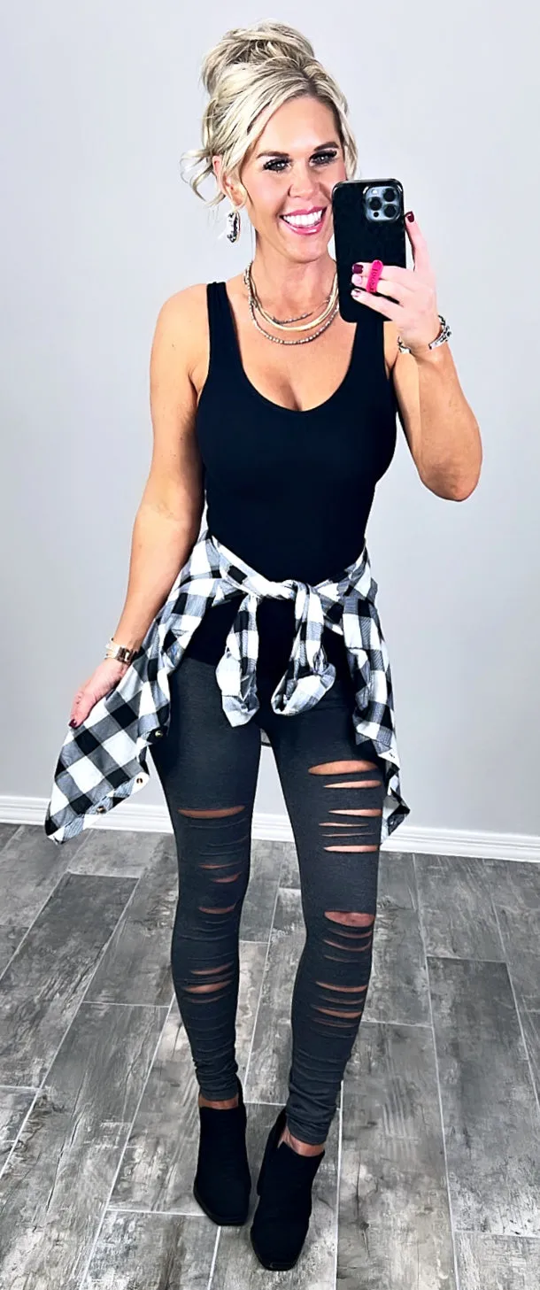 Penny Plaid Flannel Top - Black/White/Grey