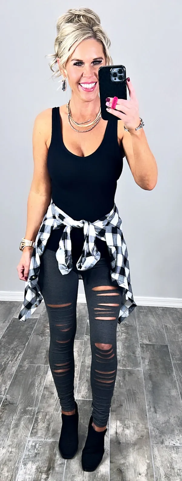 Penny Plaid Flannel Top - Black/White/Grey