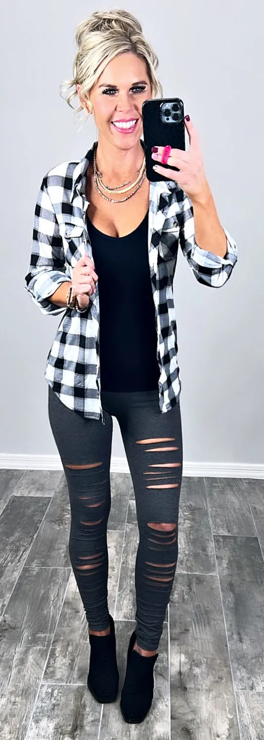 Penny Plaid Flannel Top - Black/White/Grey