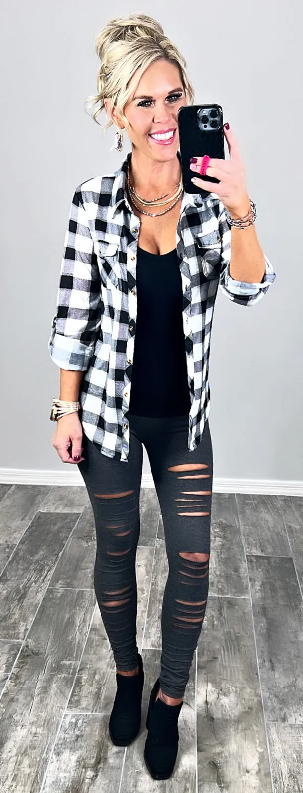 Penny Plaid Flannel Top - Black/White/Grey