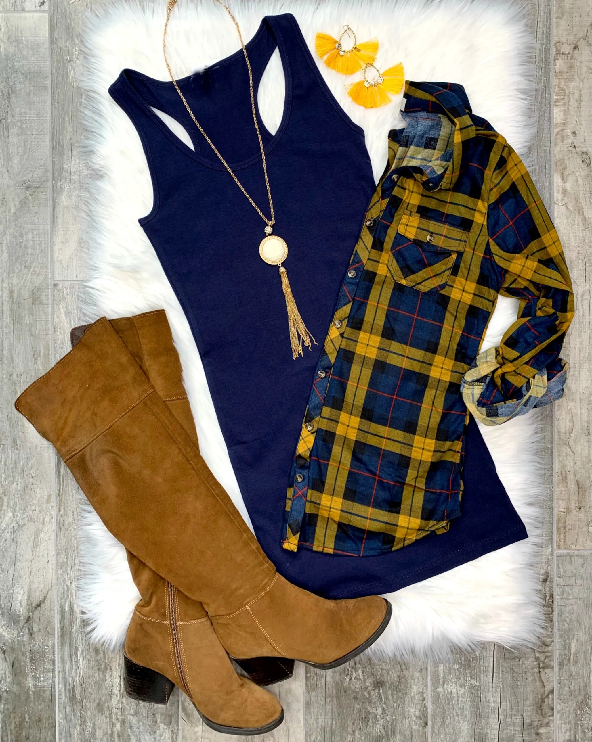 Penny Plaid Flannel Top - Navy/Mustard