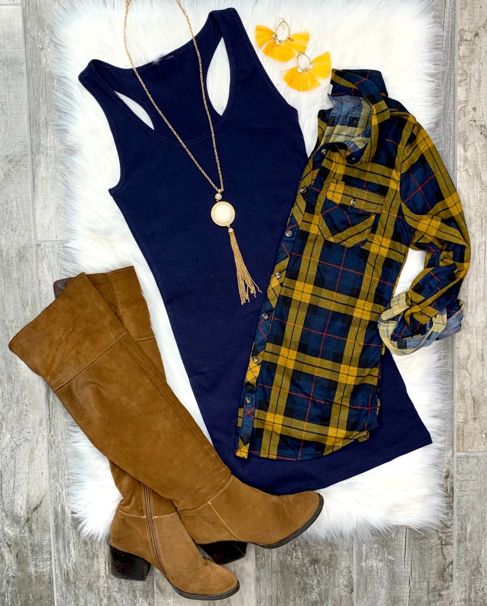 Penny Plaid Flannel Top - Navy/Mustard