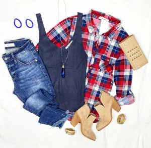 Penny Plaid Flannel Top - Navy/Red