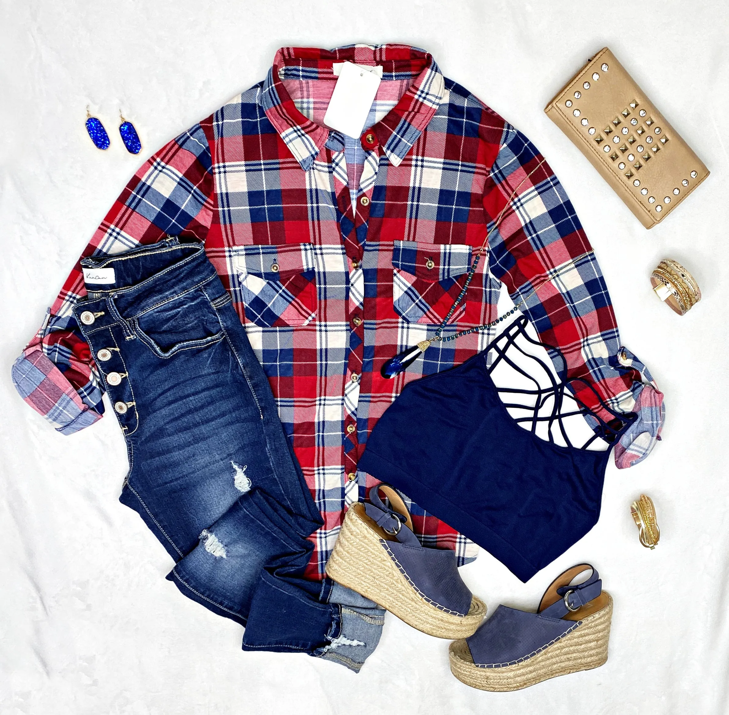 Penny Plaid Flannel Top - Navy/Red