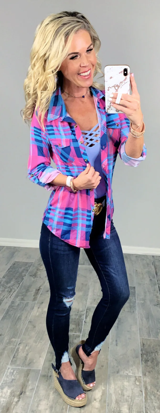 Penny Plaid Flannel Top -Pink/Blue