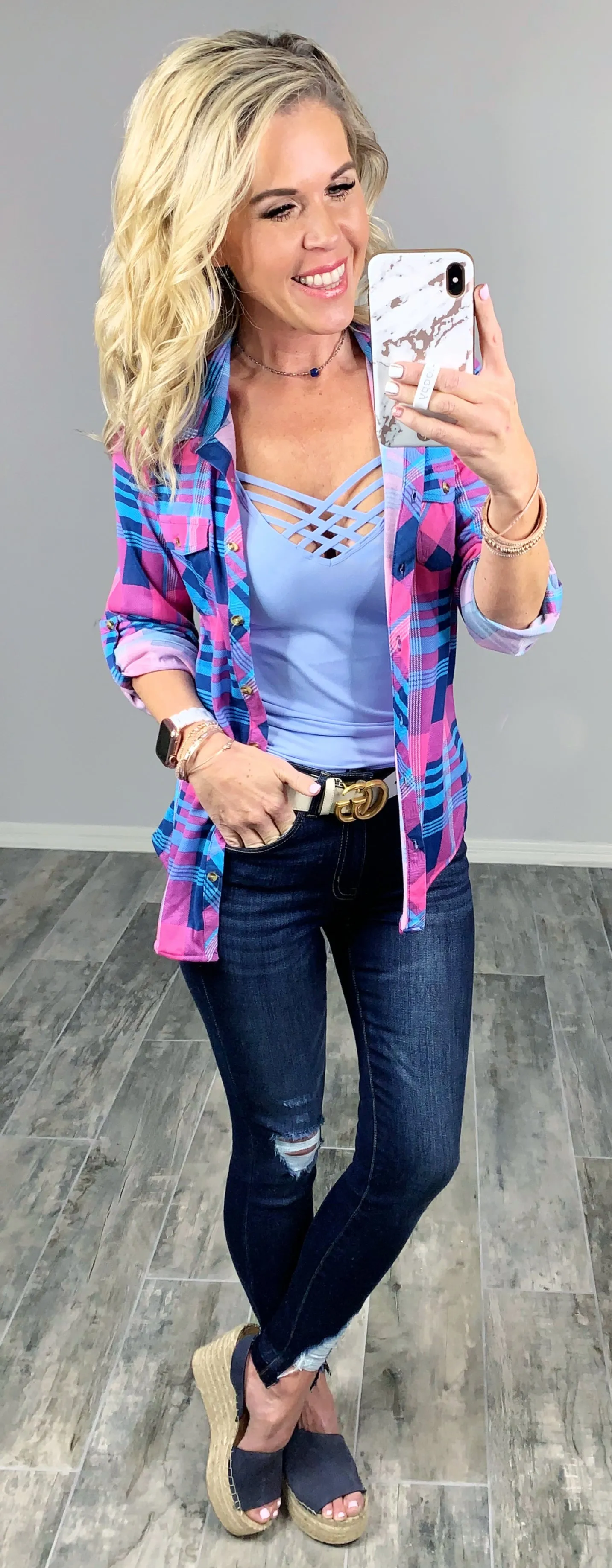 Penny Plaid Flannel Top -Pink/Blue