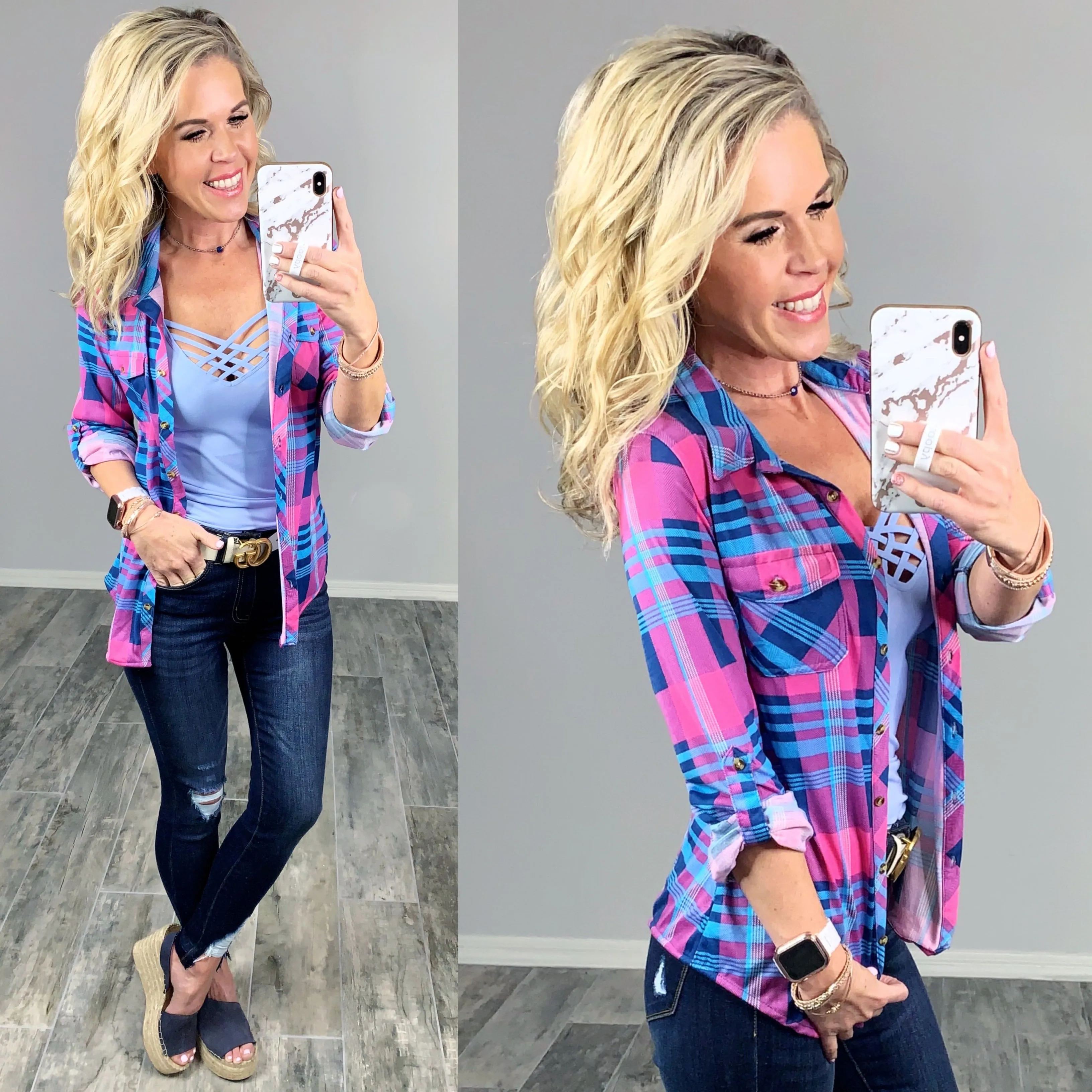 Penny Plaid Flannel Top -Pink/Blue