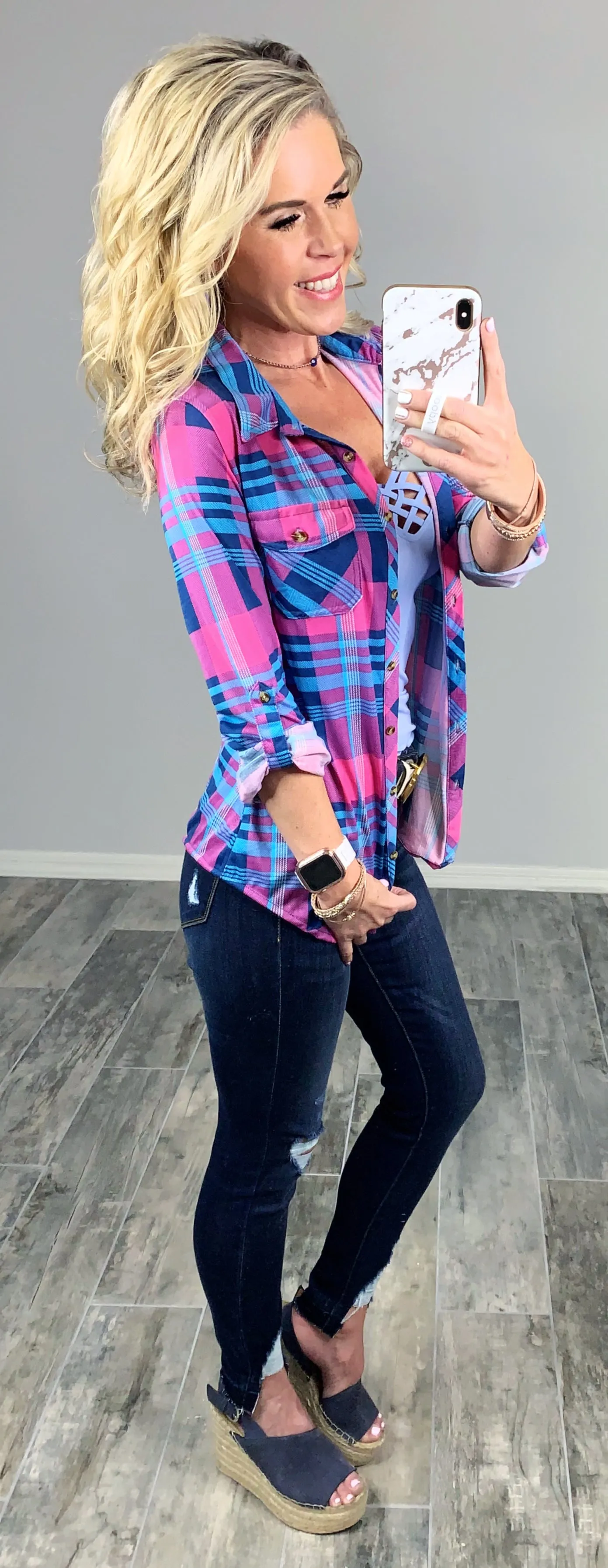 Penny Plaid Flannel Top -Pink/Blue