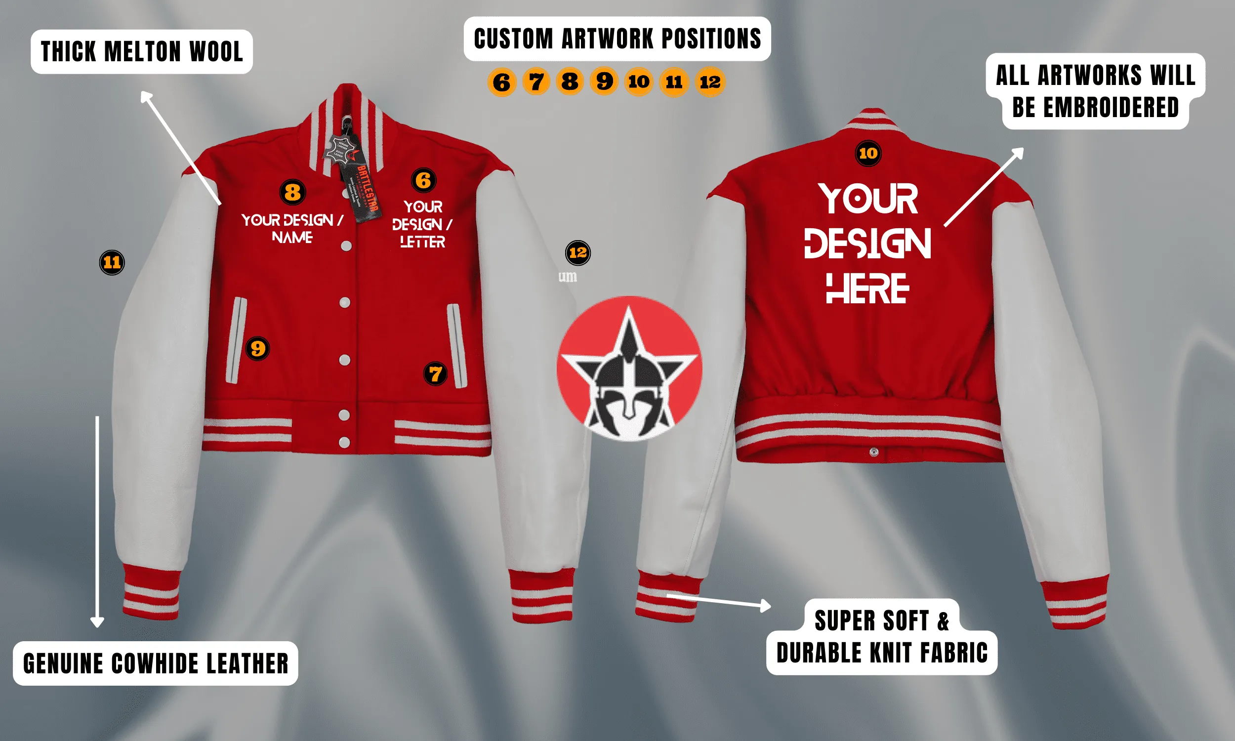 Personalized Wool and Cowhide Leather Cropped Body Embroidered Varsity Jacket