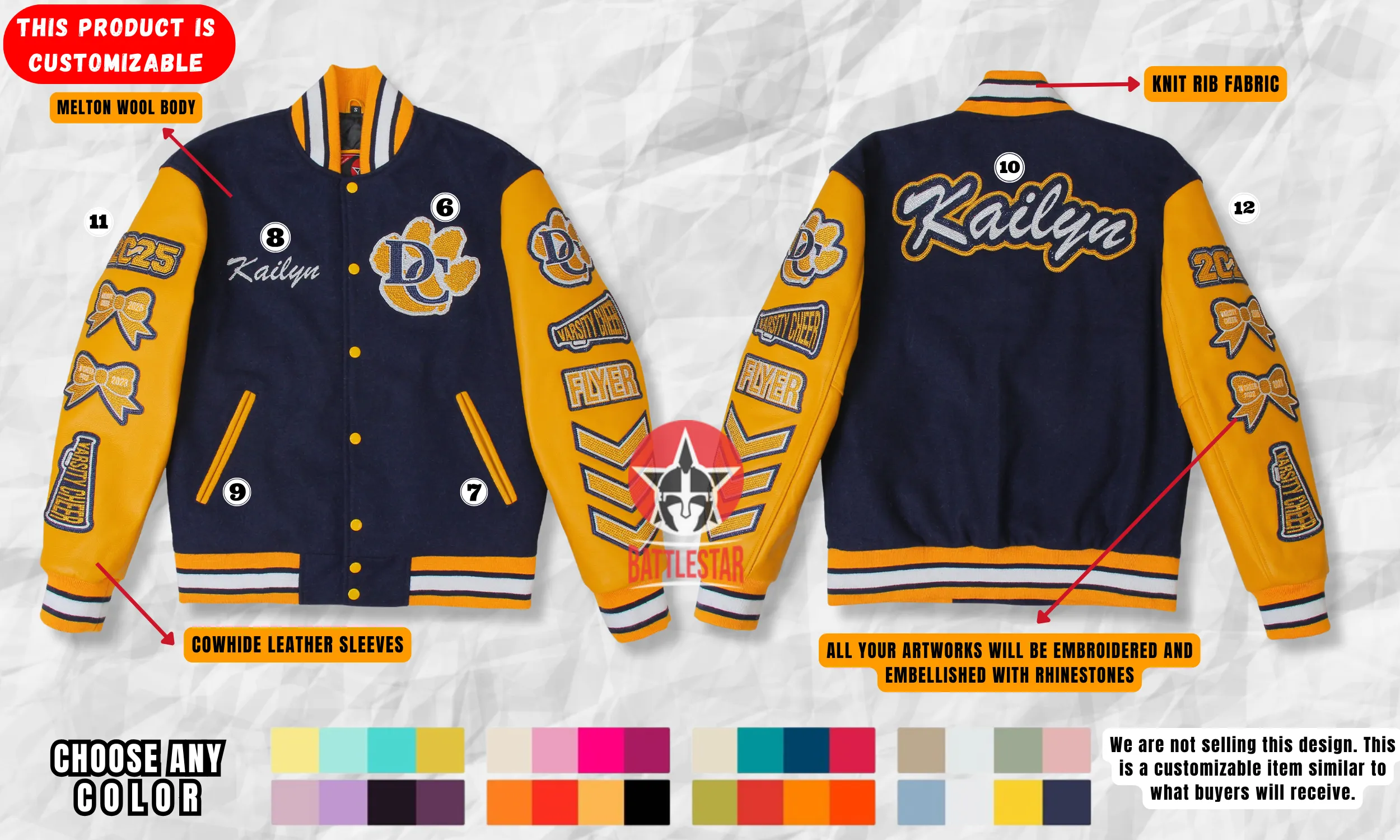 Personalized Wool and Leather Embroidered Cheerleader Rhinestone Varsity Jacket