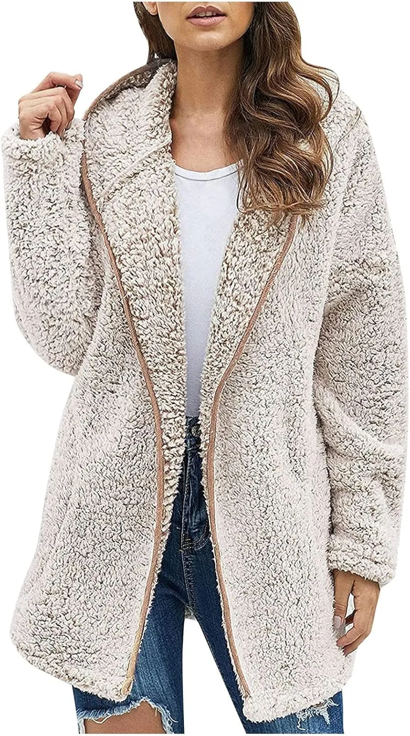 PETYCZEN Winter Coats for Women,Fuzzy Sherpa Lapel Open Front Long Cardigan Coat Fleece Lined Zip Up Hooded Jackets Outerwear
