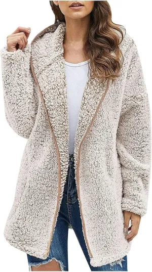 PETYCZEN Winter Coats for Women,Fuzzy Sherpa Lapel Open Front Long Cardigan Coat Fleece Lined Zip Up Hooded Jackets Outerwear