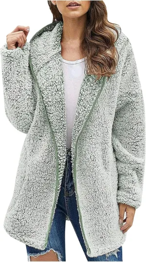 PETYCZEN Winter Coats for Women,Fuzzy Sherpa Lapel Open Front Long Cardigan Coat Fleece Lined Zip Up Hooded Jackets Outerwear