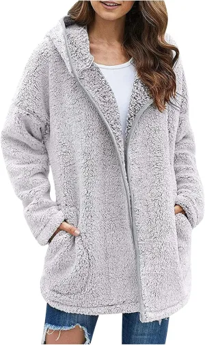 PETYCZEN Winter Coats for Women,Fuzzy Sherpa Lapel Open Front Long Cardigan Coat Fleece Lined Zip Up Hooded Jackets Outerwear
