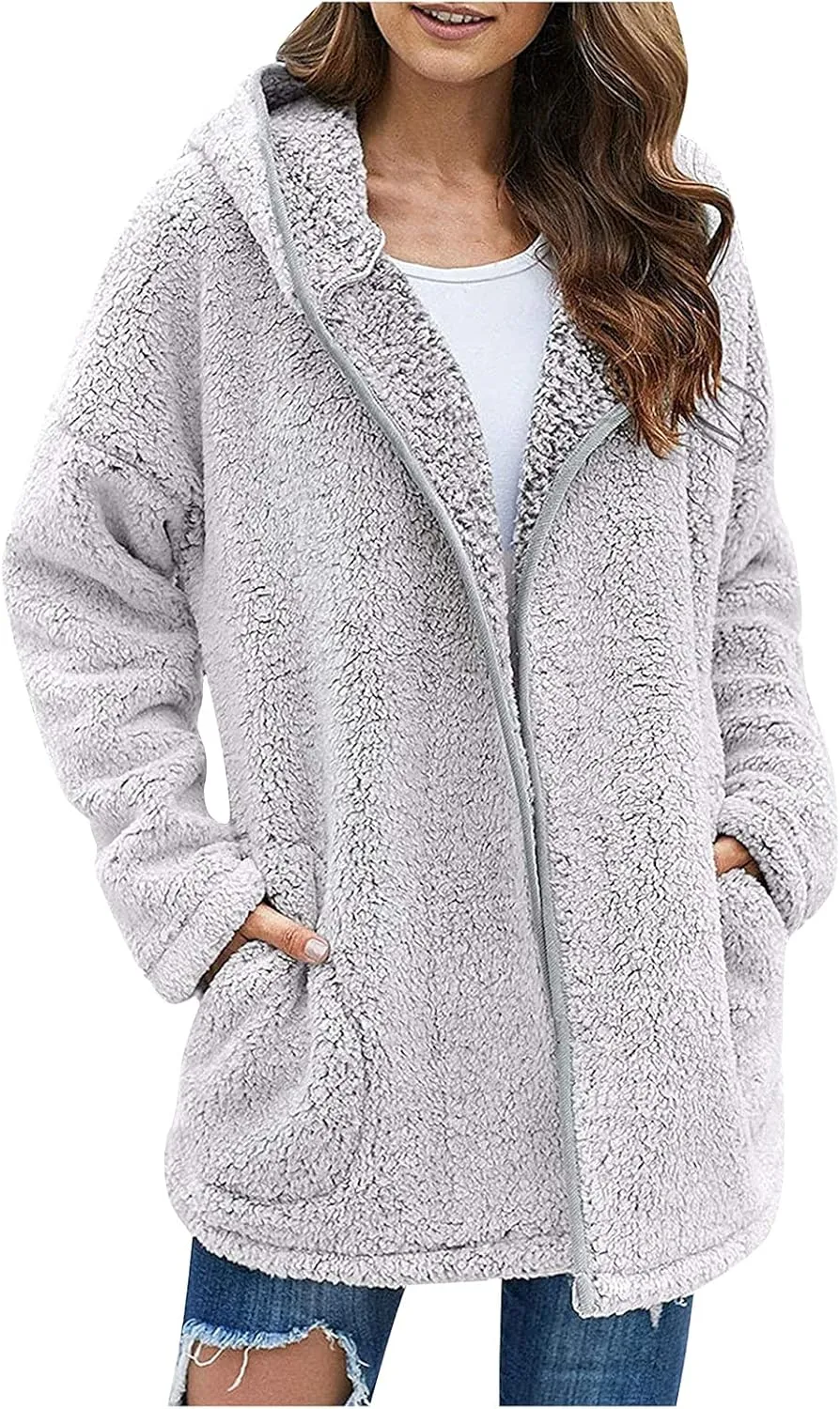 PETYCZEN Winter Coats for Women,Fuzzy Sherpa Lapel Open Front Long Cardigan Coat Fleece Lined Zip Up Hooded Jackets Outerwear