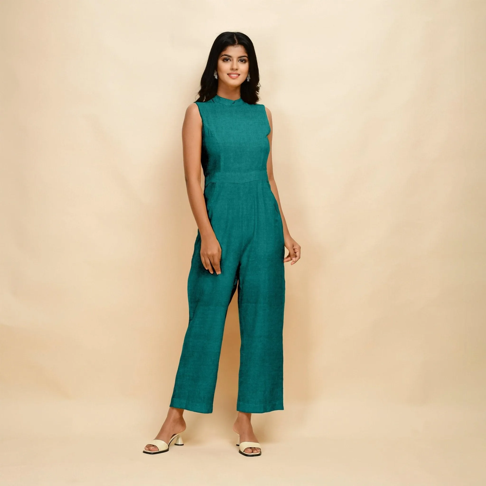 Pine Green 100% Linen Sleeveless Jumpsuit