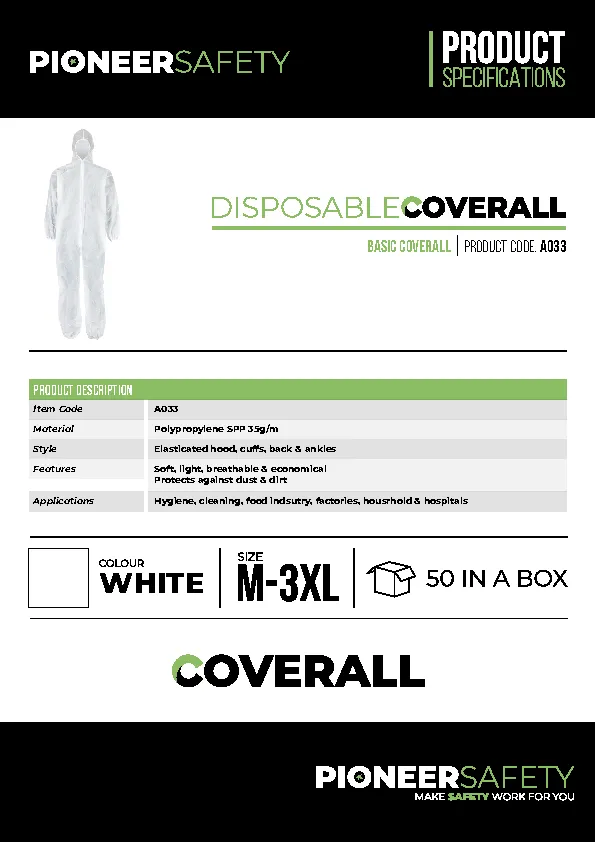 PIONEER SAFETY Overall Disposable Zip & Hood Non Woven White