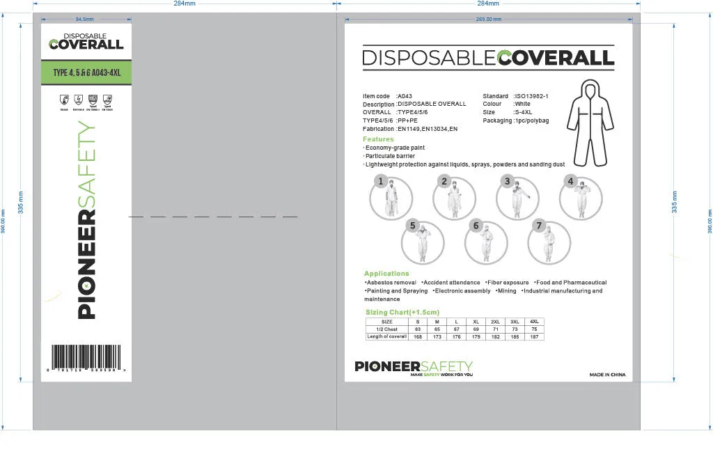 PIONEER SAFETY Overall Disposable Zip & Hood Non Woven White