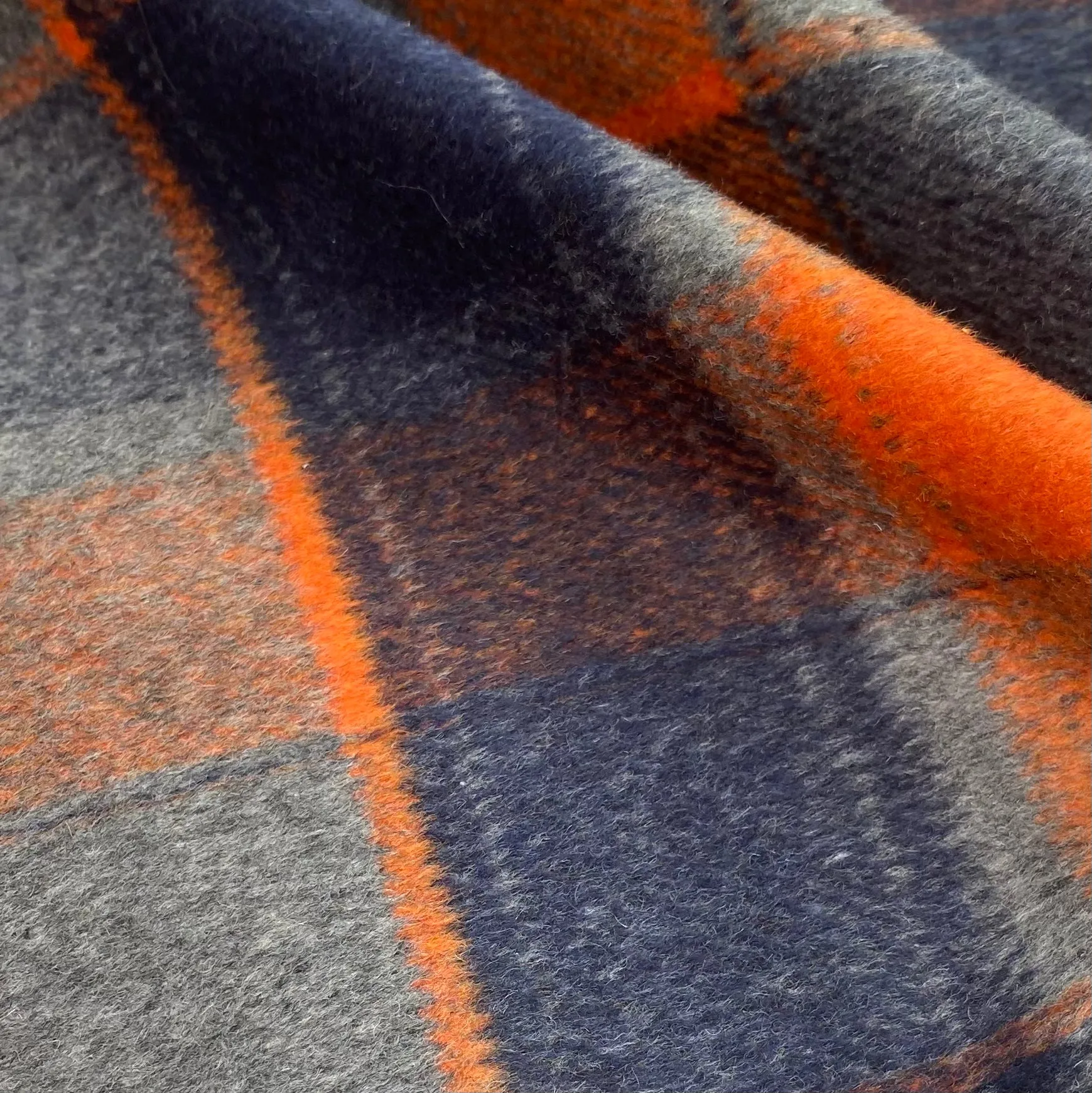 Plaid Coating Wool Blend - Orange/Blue/Grey