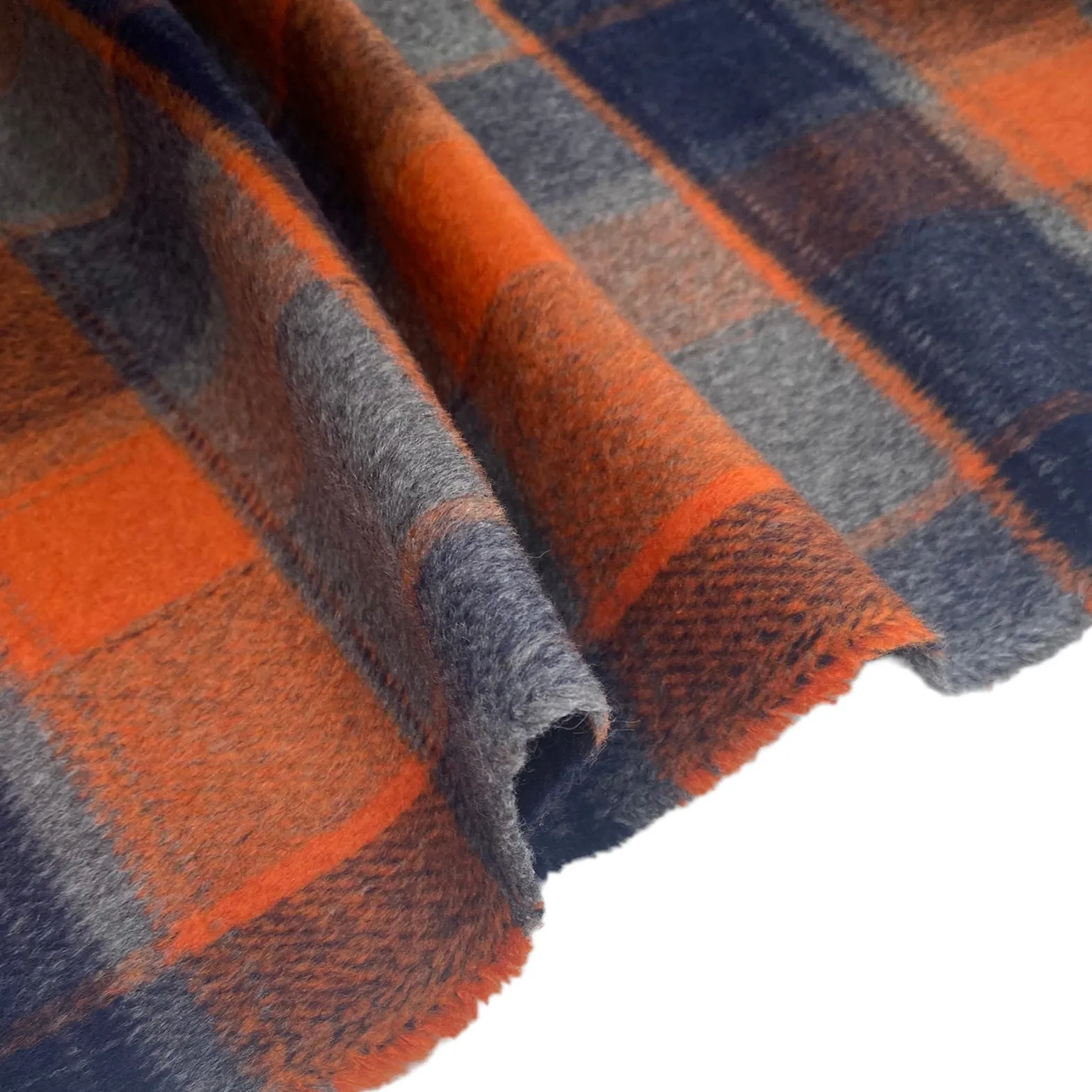Plaid Coating Wool Blend - Orange/Blue/Grey