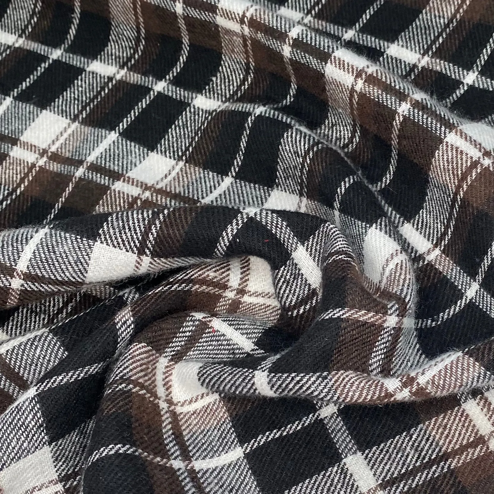 Plaid Cotton Flannel - Remnant - Black/White/Brown
